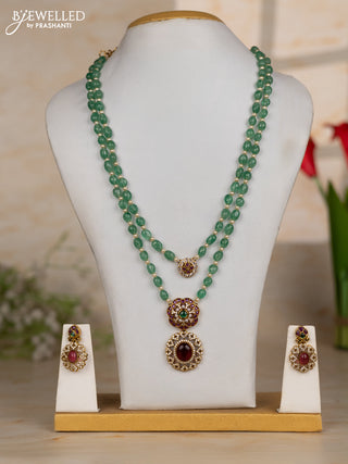 Beaded green necklace two layer with floral pendant in kemp and cz stones
