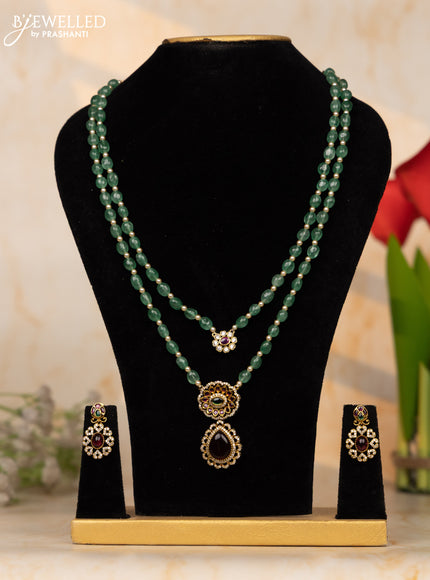 Beaded green necklace two layer with tear drop pendant in kemp and cz stones