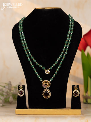Beaded green necklace two layer with tear drop pendant in kemp and cz stones