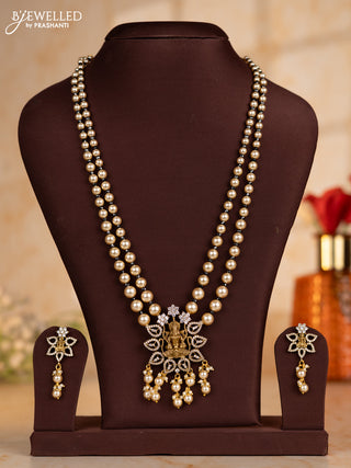 Pearl necklace with black beads and lakshmi pendant with cz stones and pearl hanging