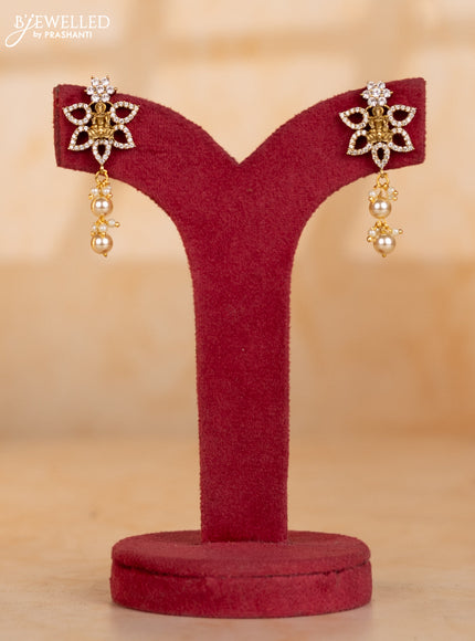 Pearl necklace with black beads and lakshmi pendant with cz stones and pearl hanging