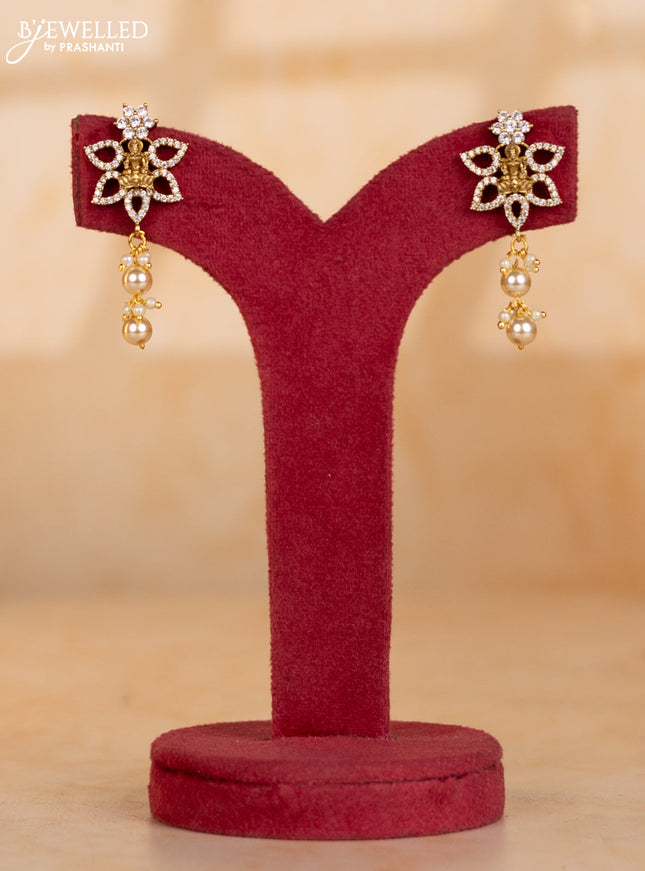 Pearl necklace with black beads and lakshmi pendant with cz stones and pearl hanging
