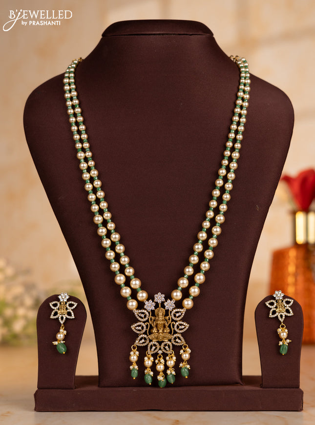 Pearl necklace with teal beads and lakshmi pendant with cz stones and pearl hanging