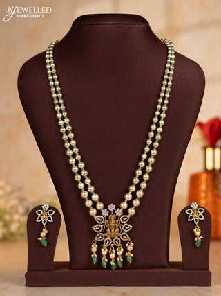 Pearl necklace with teal beads and lakshmi pendant with cz stones and pearl hanging