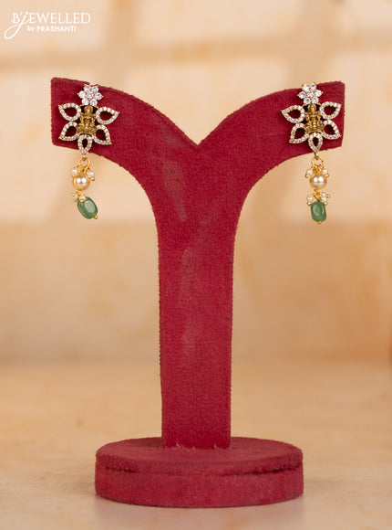 Pearl necklace with teal beads and lakshmi pendant with cz stones and pearl hanging