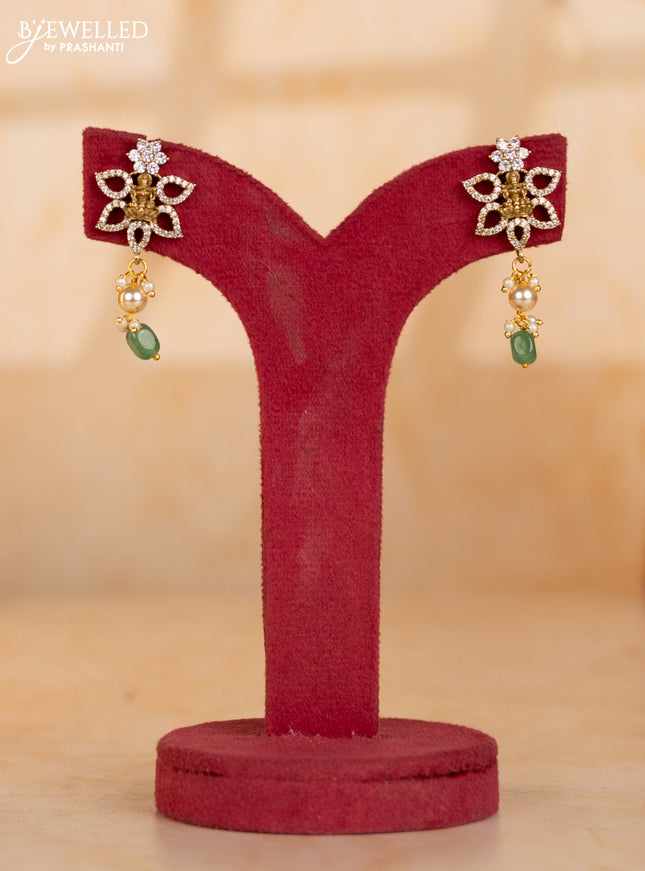 Pearl necklace with teal beads and lakshmi pendant with cz stones and pearl hanging