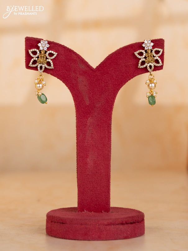 Pearl necklace with teal beads and lakshmi pendant with cz stones and pearl hanging