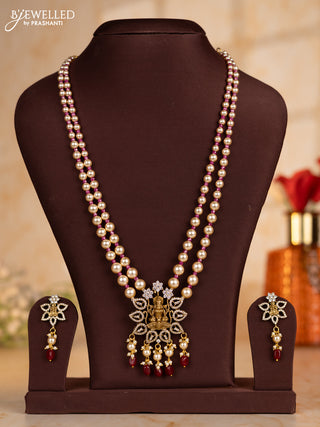 Pearl necklace with pink beads and lakshmi pendant with cz stones and pearl hanging