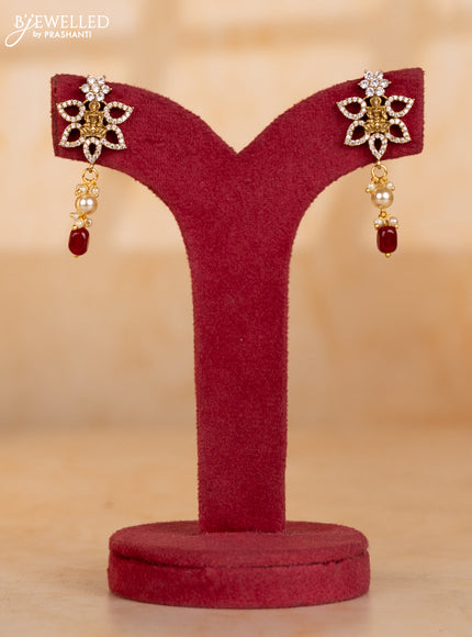 Pearl necklace with pink beads and lakshmi pendant with cz stones and pearl hanging