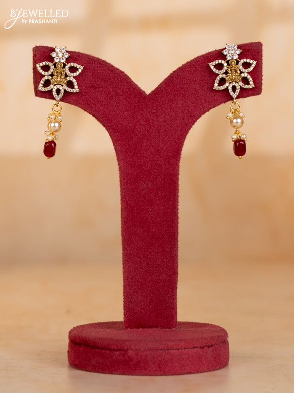 Pearl necklace with pink beads and lakshmi pendant with cz stones and pearl hanging