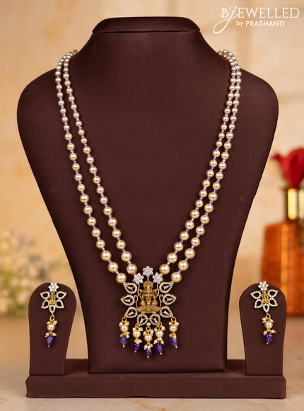 Pearl necklace with lavender beads and lakshmi pendant with cz stones and pearl hanging