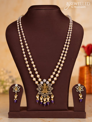 Pearl necklace with lavender beads and lakshmi pendant with cz stones and pearl hanging