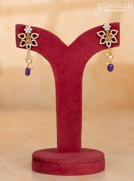 Pearl necklace with lavender beads and lakshmi pendant with cz stones and pearl hanging