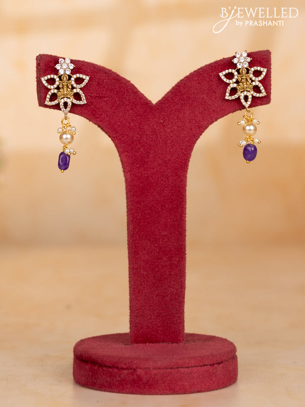 Pearl necklace with lavender beads and lakshmi pendant with cz stones and pearl hanging