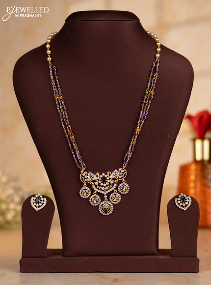 Pearl necklace with lavender beads and double pendant in cz stones