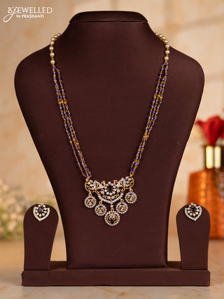 Pearl necklace with lavender beads and double pendant in cz stones