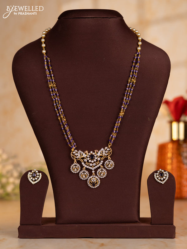 Pearl necklace with lavender beads and double pendant in cz stones