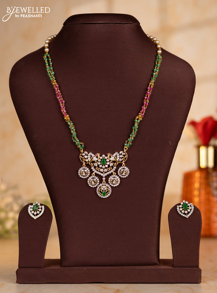 Pearl necklace with green & pink beads and double pendant in cz stones