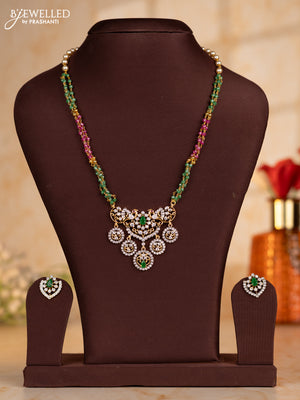 Pearl necklace with green & pink beads and double pendant in cz stones