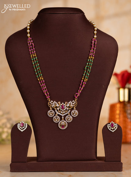 Pearl necklace with green & pink beads and double pendant in cz stones