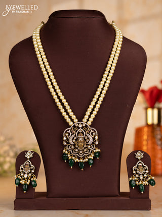 Pearl necklace with tirupathi balaji face pendant and green beads hanging
