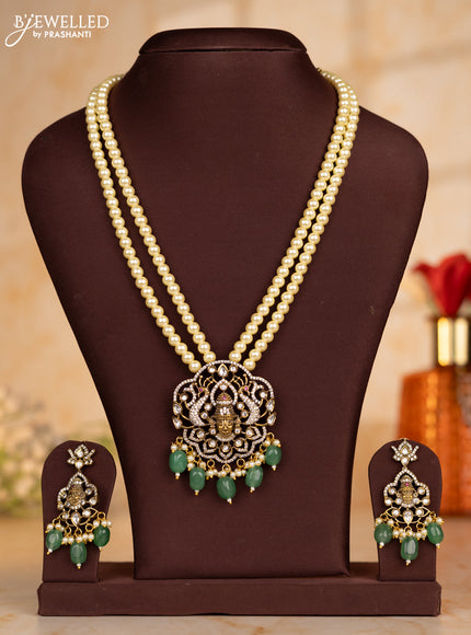 Pearl necklace with tirupathi balaji face pendant and mint green beads hanging