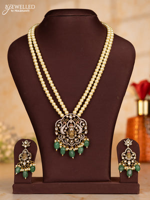 Pearl necklace with tirupathi balaji face pendant and mint green beads hanging