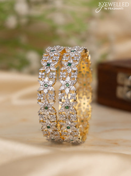 Zircon bangles floral design with emerald and cz stones in gold finish