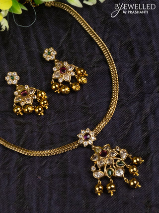 Antique attigai necklace with kemp & kundan stones and golden beads hangings