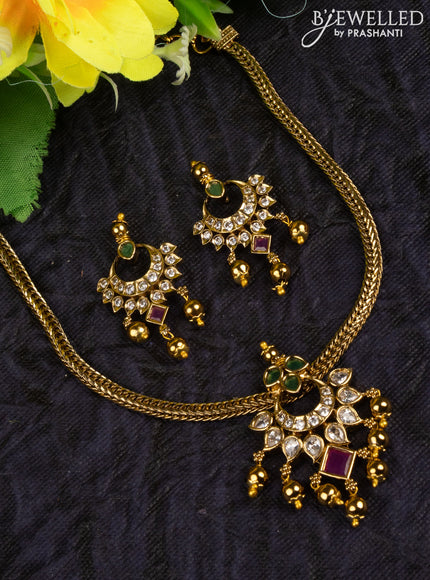 Antique attigai necklace chandbali design with kemp & kundan stones and golden beads hangings