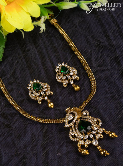 Antique attigai necklace peacock design with emerald & cz stones and golden beads hangings