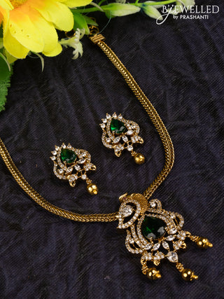 Antique attigai necklace peacock design with emerald & cz stones and golden beads hangings