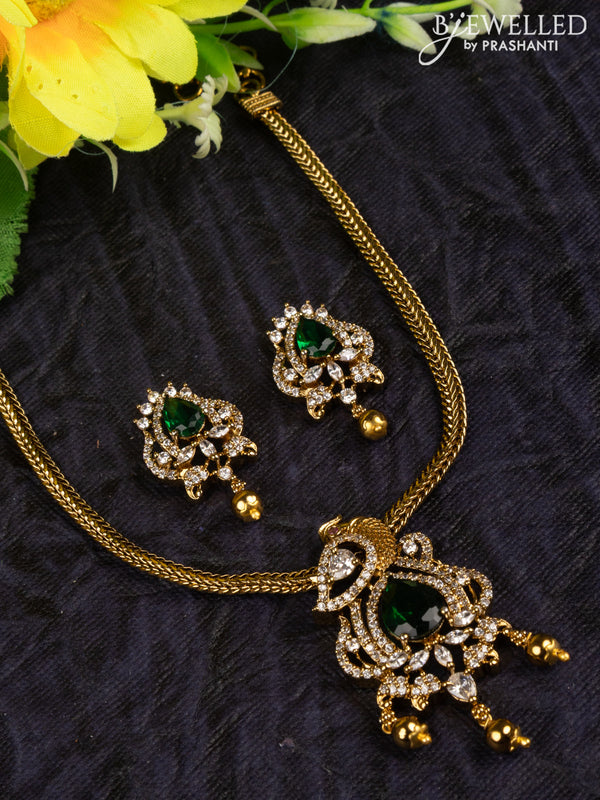 Antique attigai necklace peacock design with emerald & cz stones and golden beads hangings