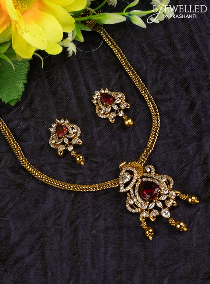 Antique attigai necklace peacock design with ruby & cz stones and golden beads hangings