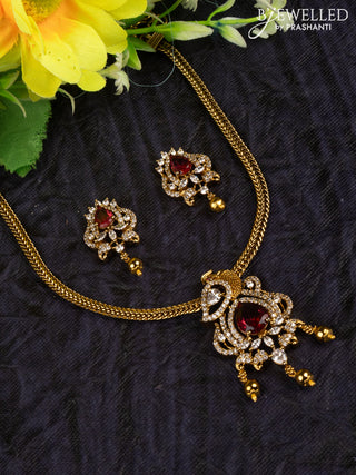 Antique attigai necklace peacock design with ruby & cz stones and golden beads hangings