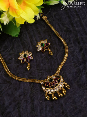 Antique attigai necklace chandbali design with kemp & kundan stones and golden beads hangings