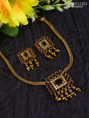 Antique attigai necklace with kemp & cz stones and golden beads hangings