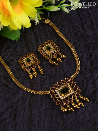 Antique attigai necklace with kemp & cz stones and golden beads hangings