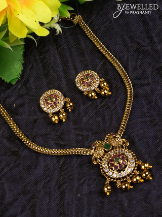 Antique attigai necklace double peacock design with kemp & cz stones and golden beads hangings