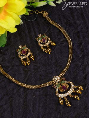 Antique attigai necklace double peacock design with kemp & cz stones and golden beads hangings