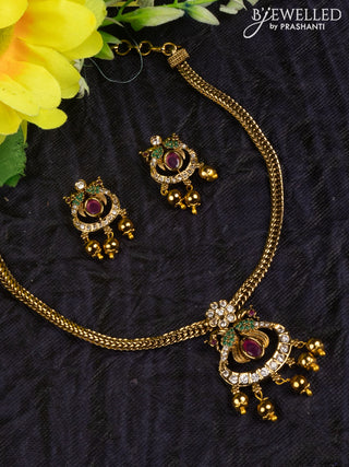 Antique attigai necklace double peacock design with kemp & cz stones and golden beads hangings