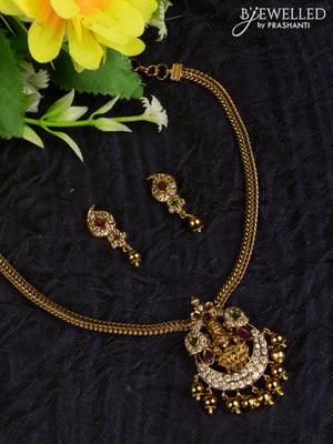 Antique attigai necklace lakshmi design with kemp & cz stones and golden beads hangings