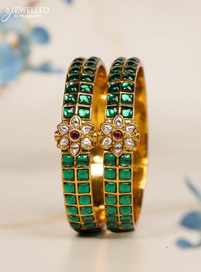Antique bangles floral design with green kemp and kundan stones