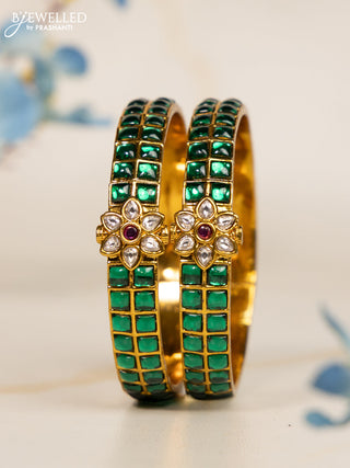 Antique bangles floral design with green kemp and kundan stones