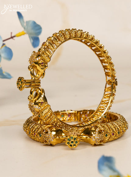 Antique screw type bangles elephant design with green kemp and cz stones