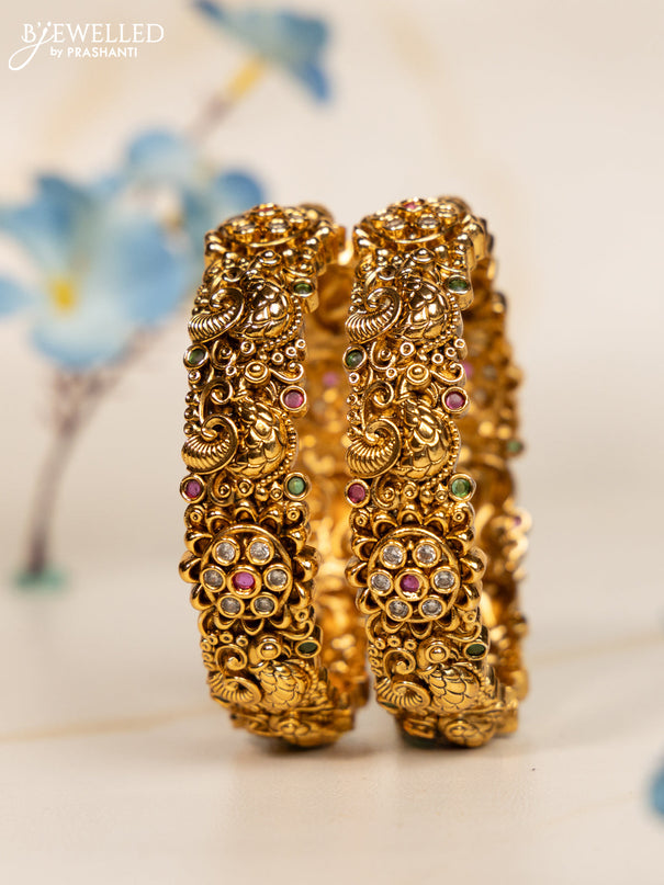 Antique kada bangles peacock design with kemp and kundan stones