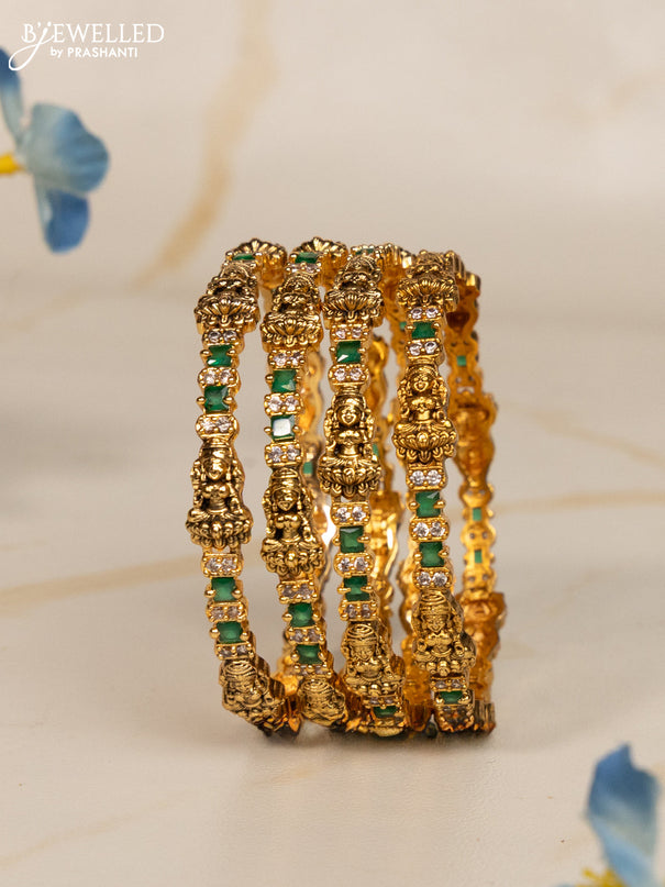 Antique bangles lakshmi design with green kemp and cz stones