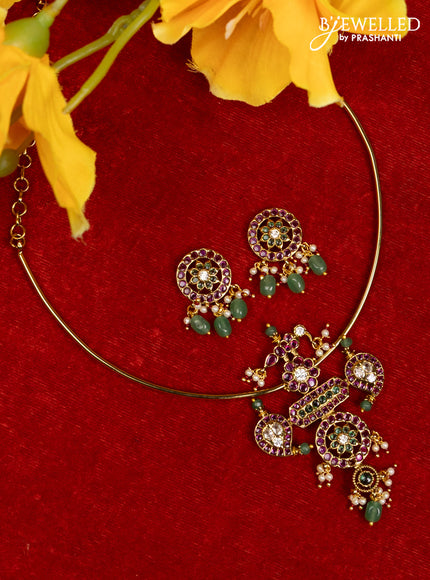 Ring type choker manga pattern with kemp & cz stones and pearl & mint green beads hangings