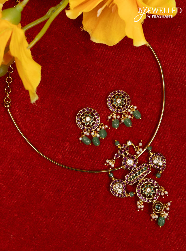 Ring type choker manga pattern with kemp & cz stones and pearl & mint green beads hangings