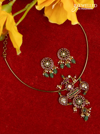 Ring type choker manga pattern with kemp & cz stones and pearl & mint green beads hangings